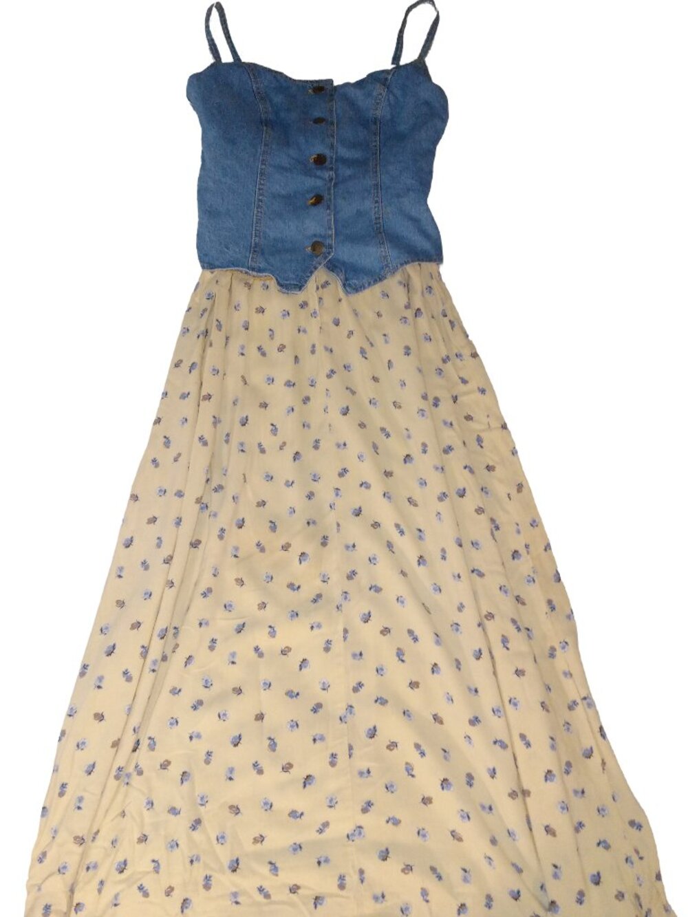 Vintage 90s Paris Blues Denim Floral Midi Dress Size 4 Button Front Corset y2K